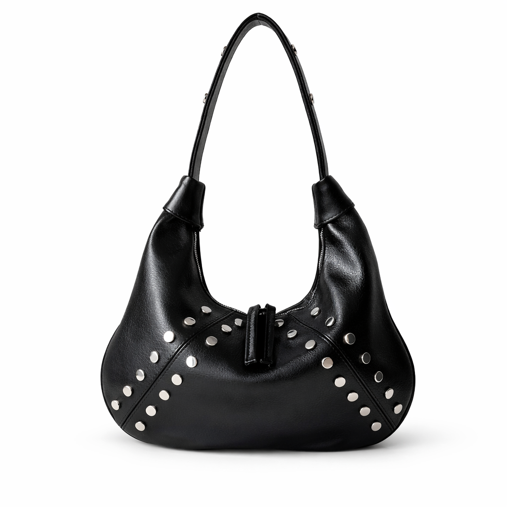 Aura Siyah Metal Zımbalı Kadın Omuz Çantası